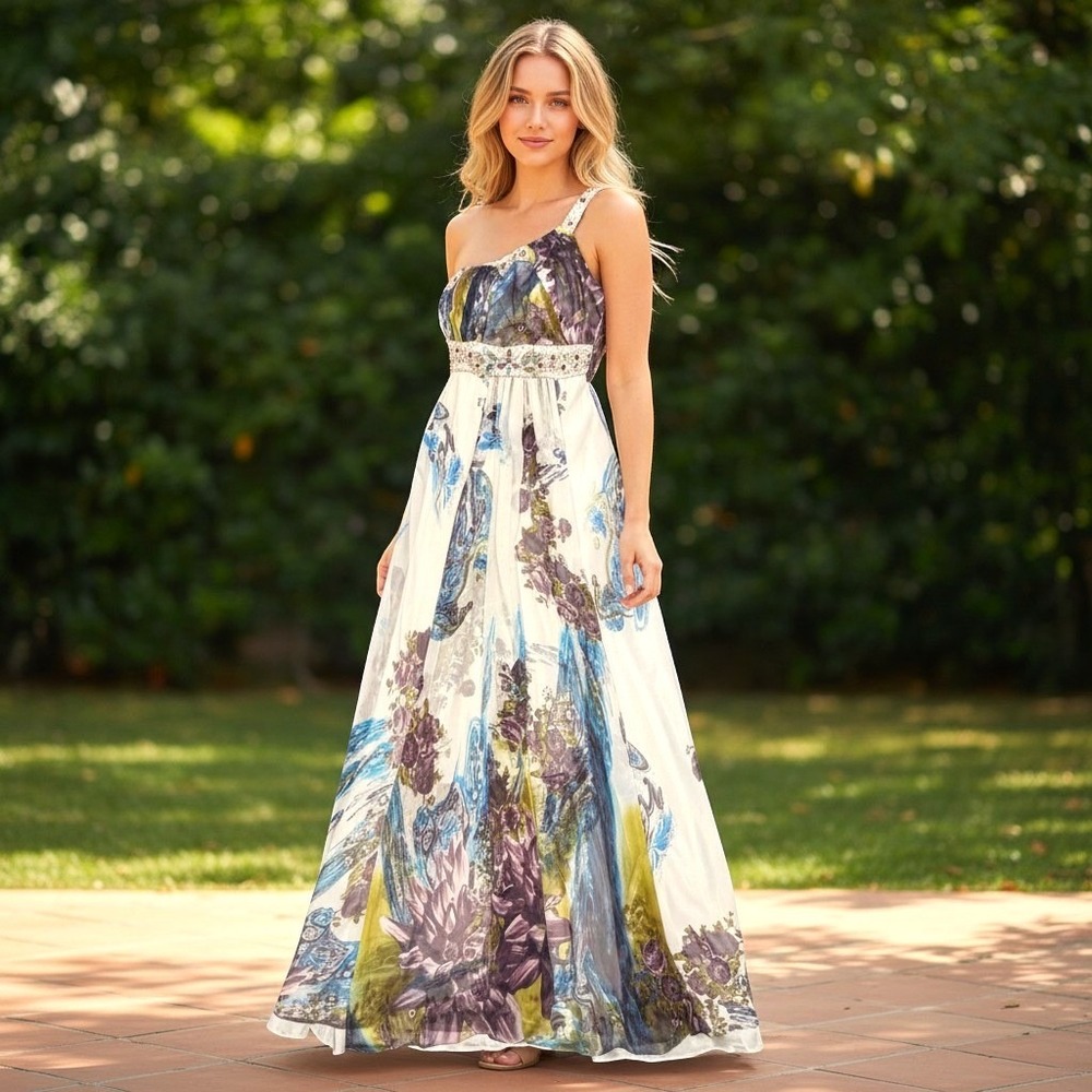 Dancing Queen One Shoulder Floral Beaded Empire Waist Maxi Dress White L W/Scarf
